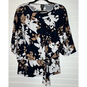 Clara Sun Woo Side Front Tie Blouse Blue Floral Top 3/4 Sleeve Size Med Career